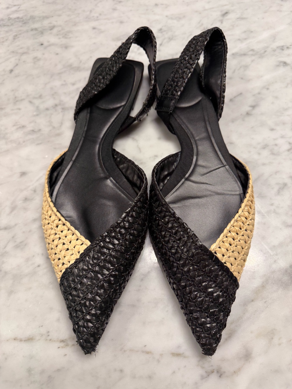 Zara Black and Natural Woven Pointed Slingback Flats